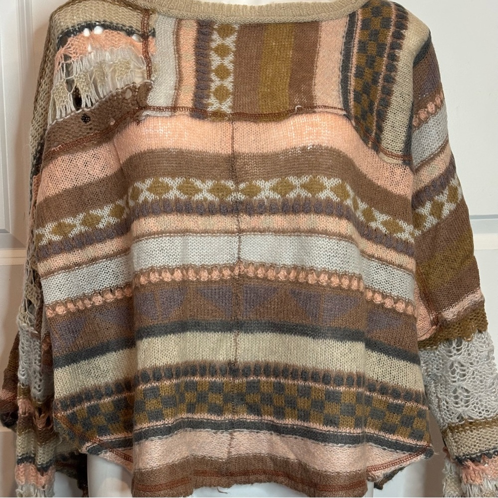Free People December Skies Muted Pink Tan Gray Open Knit Poncho Sweater S - Picture 3 of 12
